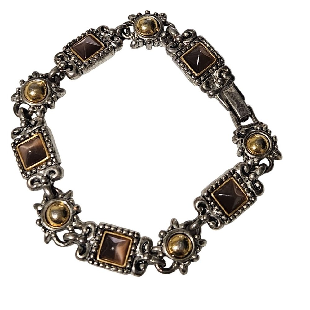Elegant Vintage Silver Tone Bracelet Brown Gold Accents Antique Fashion Jewelry
